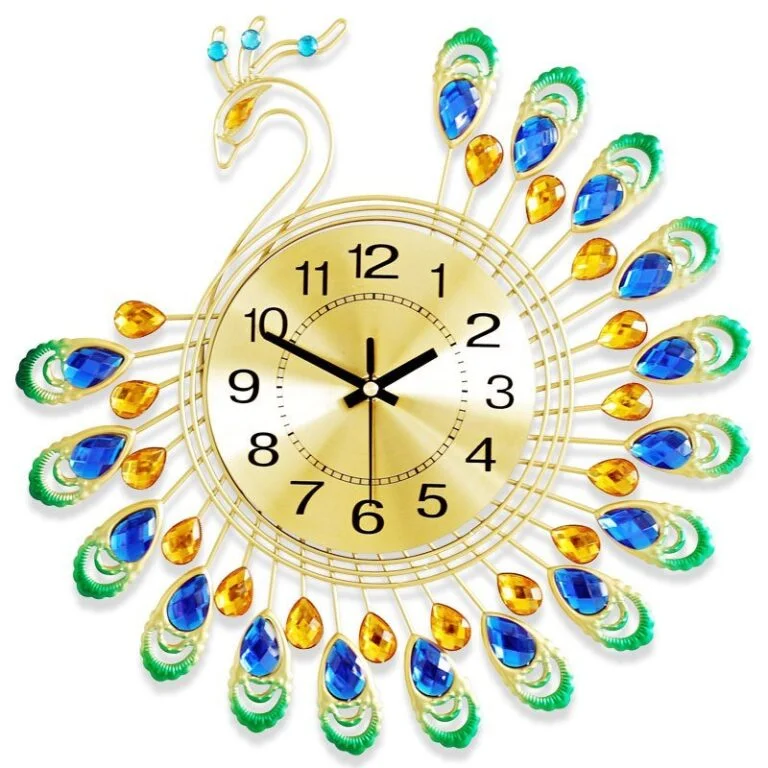Peacock-shaped decorative wall clock with colorful gemstones and gold accents.
