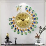Luxury peacock wall clock with colorful feathers in a modern living room setting.