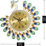 Peacock-themed decorative wall clock with colorful feathers and gold accents.