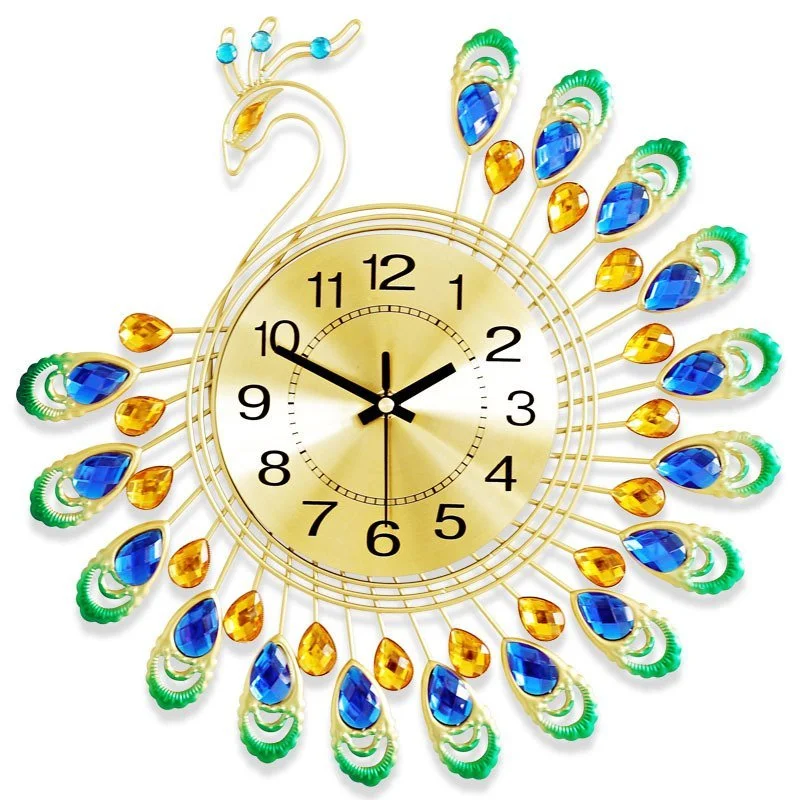 Peacock Decorative Wall Clock Peacock-shaped decorative wall clock with colorful gemstones and gold accents.