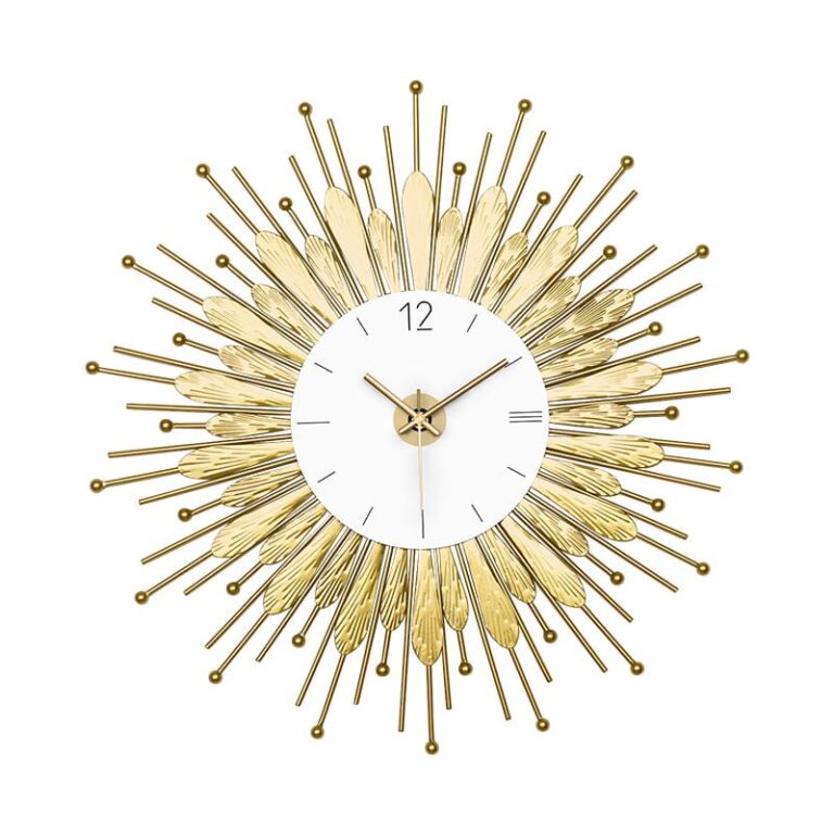 Gold decorative wall clock with sunburst design, modern home decor accessory.