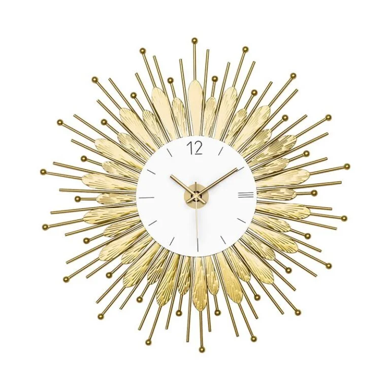 Gold decorative wall clock with sunburst design, modern home decor accessory.