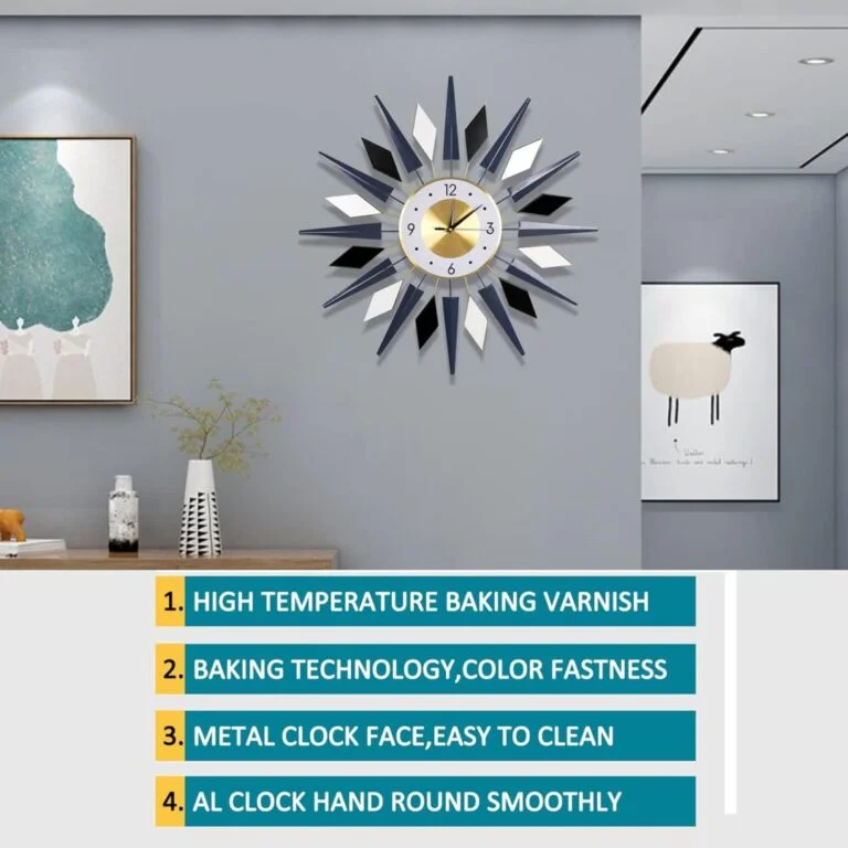 Modern decorative wall clock with geometric design in a stylish living room setting.