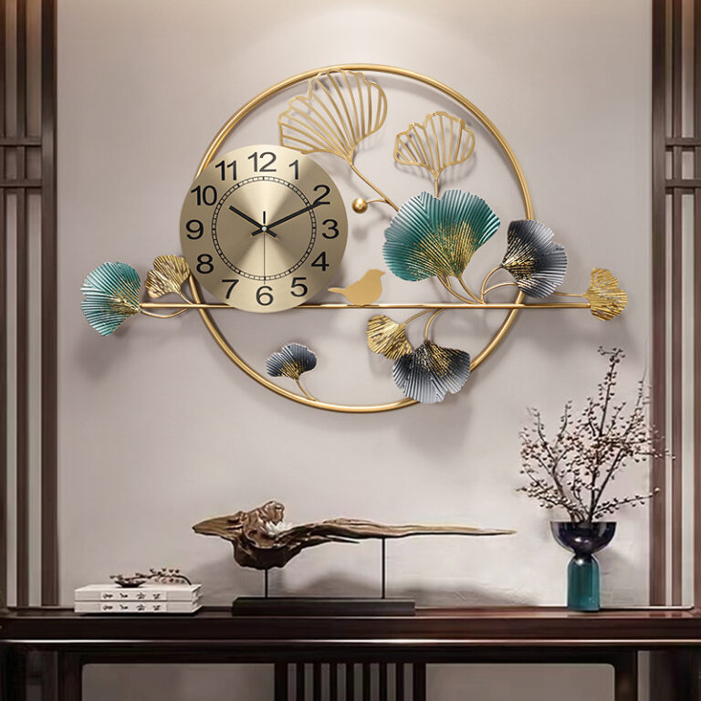 Modern luxury wall clock with floral metal design and decorative accents.