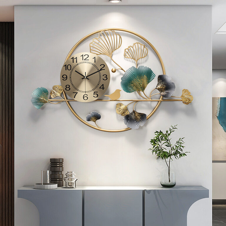 Modern luxury wall clock with floral design and gold accents in a stylish home setting.
