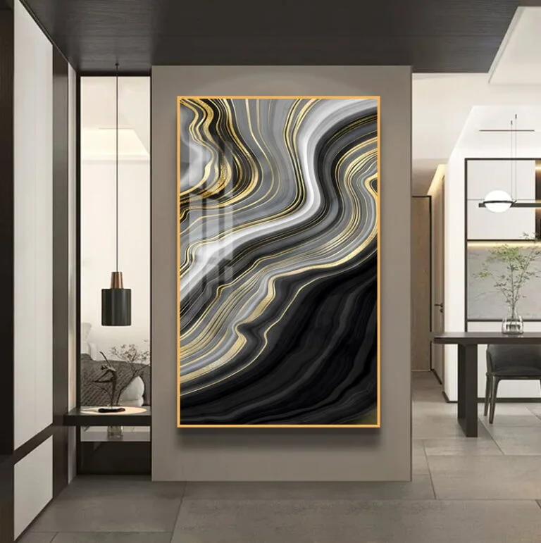Modern luxury wall art with abstract black, white, and gold swirls in a sleek hallway setting.