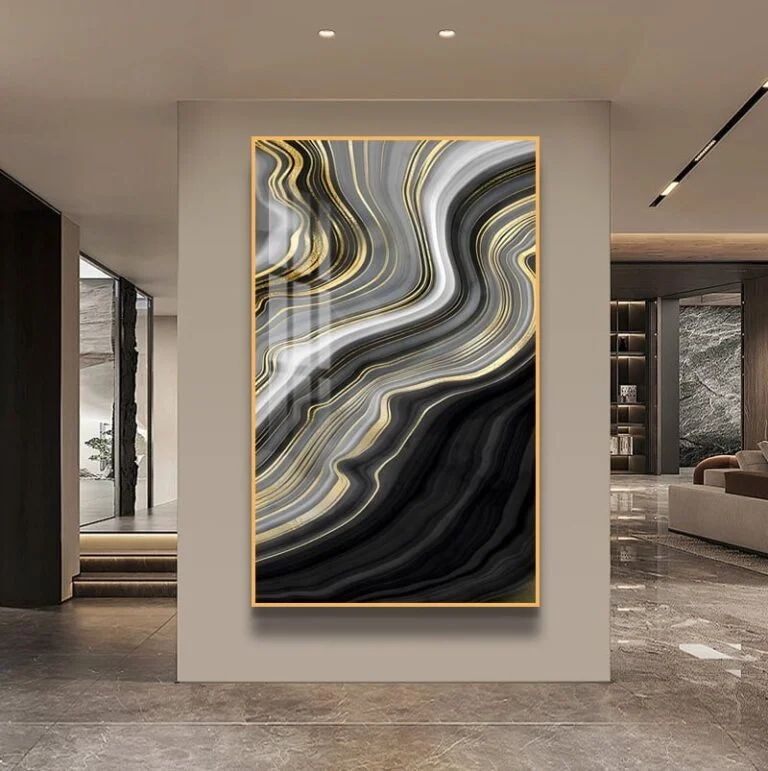 Modern luxury wall art with abstract design in a sleek interior setting.