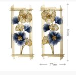 Gold and blue floral metal wall art with geometric frame, modern home decor.