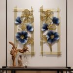 Modern luxury wall art with gold and blue floral design, perfect for home decor.