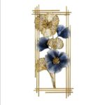 Gold and blue floral metal wall art with modern design.