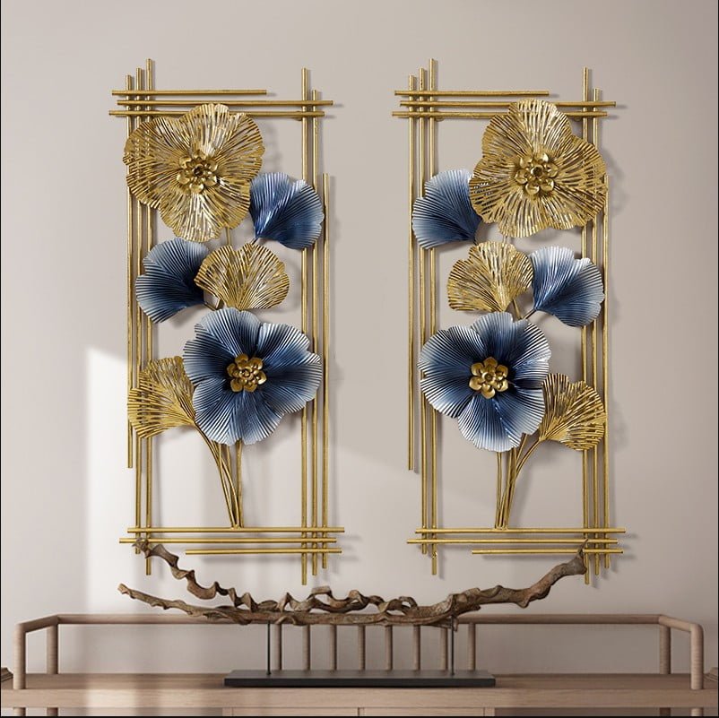 Gold and Blue Floral Metal Wall Art Gold and blue floral metal wall art in a modern home setting.
