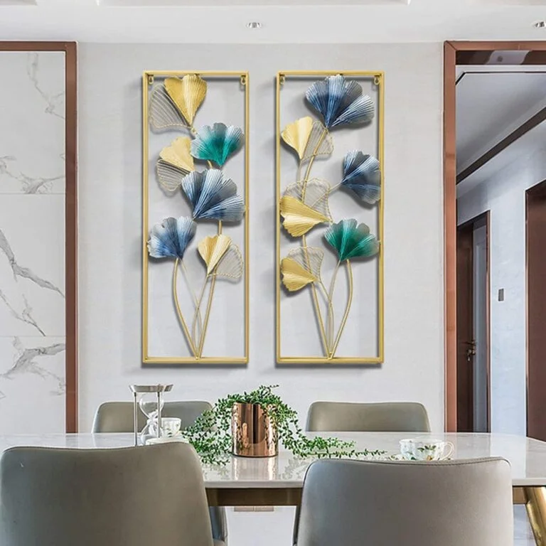 Modern luxury wall art with floral design in gold and blue, enhancing home decor.