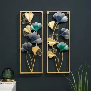 Modern gold and blue metal wall art with floral design, perfect for luxury home decor.
