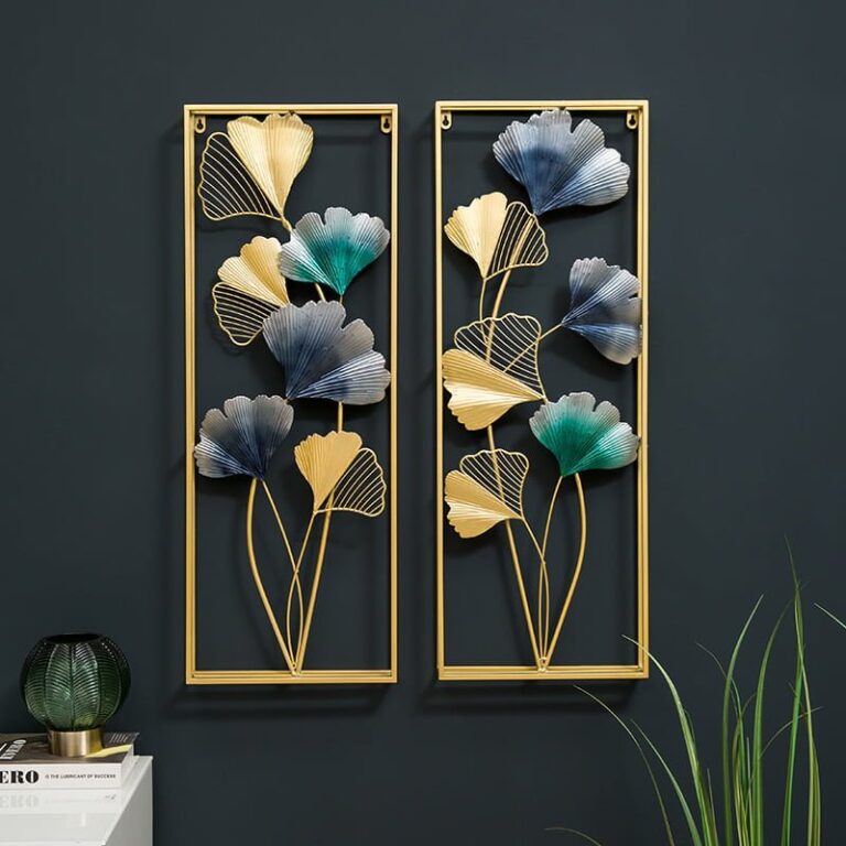 Modern gold and blue metal wall art with floral design, perfect for luxury home decor.