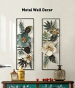 Metal wall decor with floral design in a modern home setting.