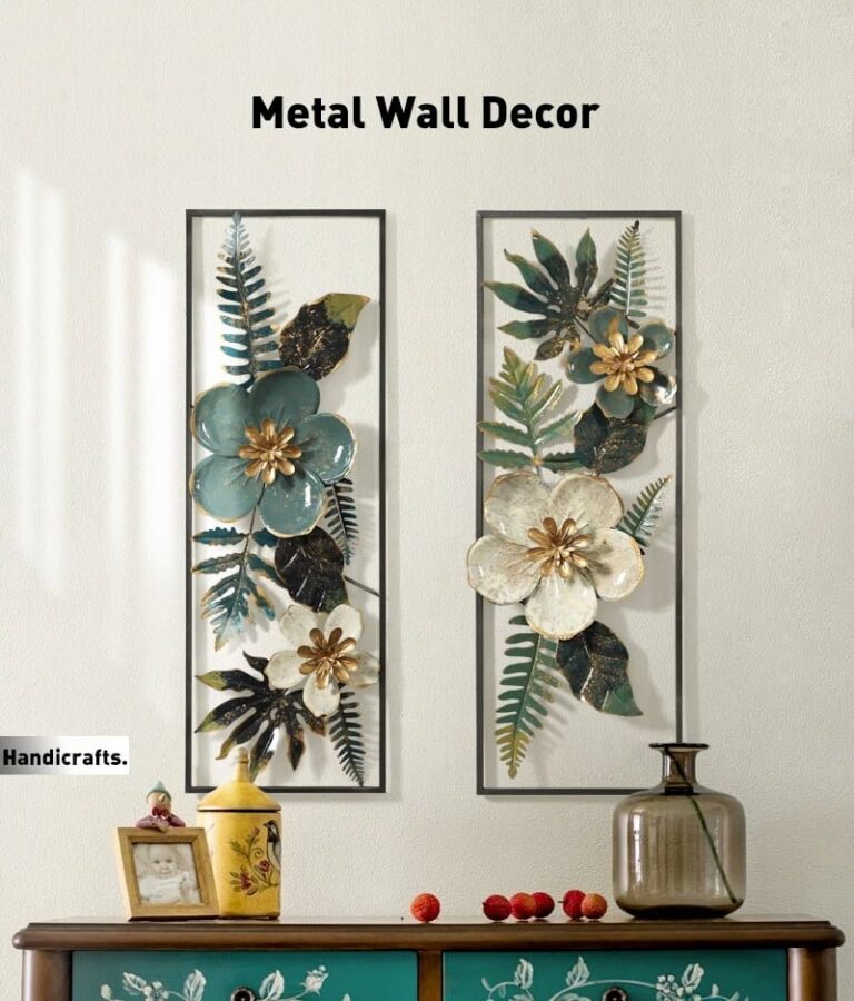 Metal wall decor with floral design in a modern home setting.
