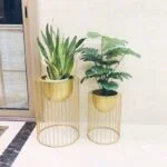 Modern gold metal planters with indoor plants for luxury home decor.