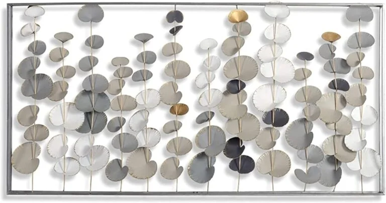 Modern aluminium framed wall art with abstract leaf design in neutral tones.