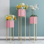 Modern pink planters with flowers on gold stands against a teal wall.