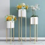 Modern gold and white indoor planters with vibrant flowers against a teal wall.