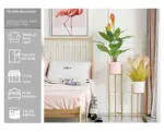 Modern bedroom decor with pink and gold accents, featuring planters and wall art.