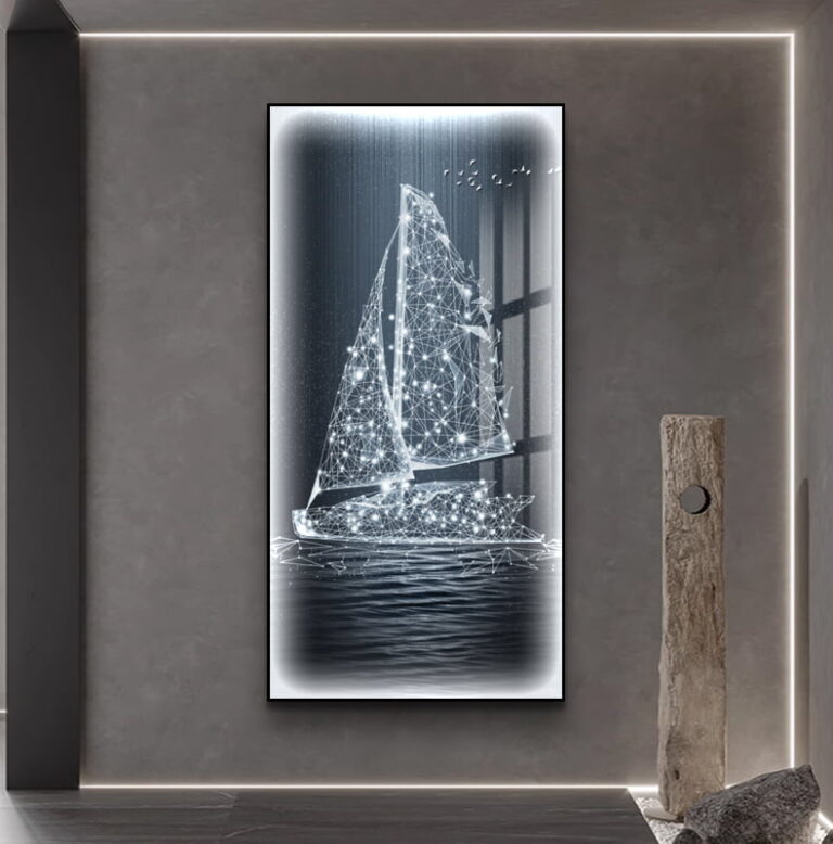 Modern LED wall art featuring a sailboat with illuminated design, framed in aluminium.