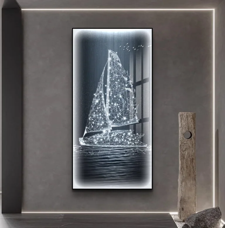 Modern LED wall art featuring a sailboat with illuminated design, framed in aluminium.