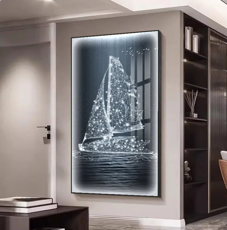 Illuminated modern wall art of a sailboat with LED lights in a luxury home setting.