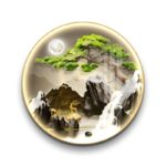 Round illuminated wall art with nature scene featuring a tree, mountains, and waterfall.