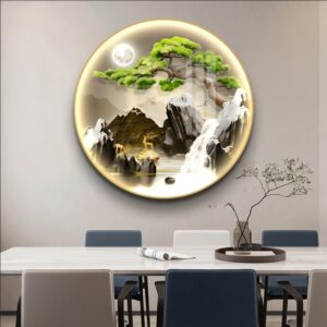 Illuminated round wall art with nature scene and LED lighting in a modern dining room.