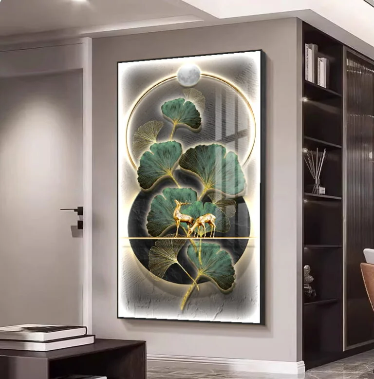 Modern illuminated wall art with leaves and deer in a luxury home setting.