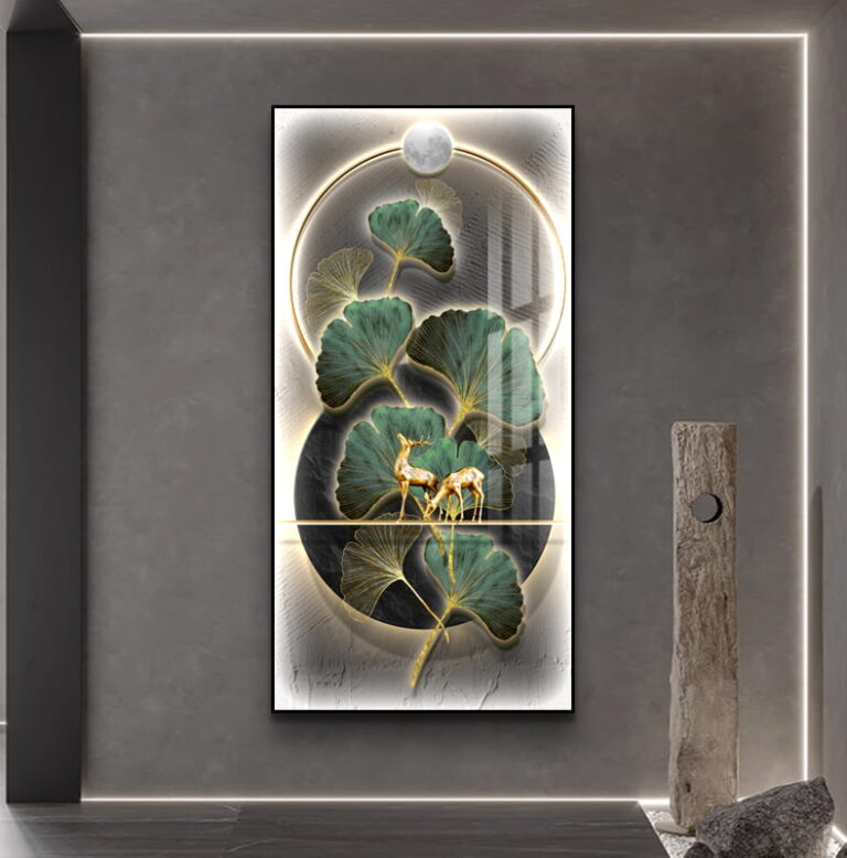 Modern illuminated wall art with nature-inspired design and deer motif in a luxury home setting.