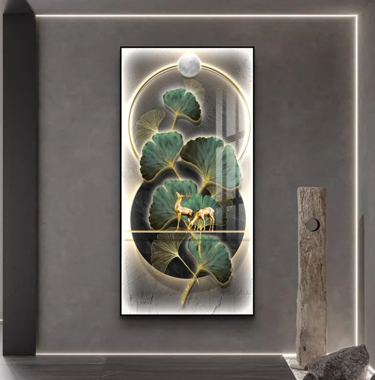 Modern illuminated wall art with nature-inspired design and deer motif in a luxury home setting.