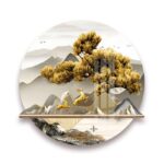 Modern circular wall art with golden tree and deer, featuring a serene mountain landscape.