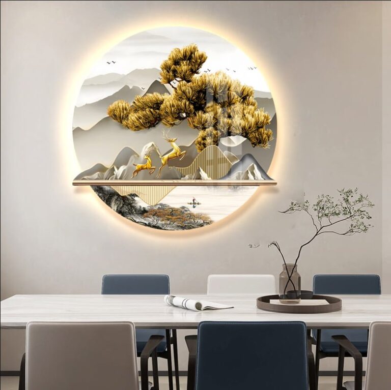 Modern illuminated wall art with nature scene and LED lighting in a dining room setting.