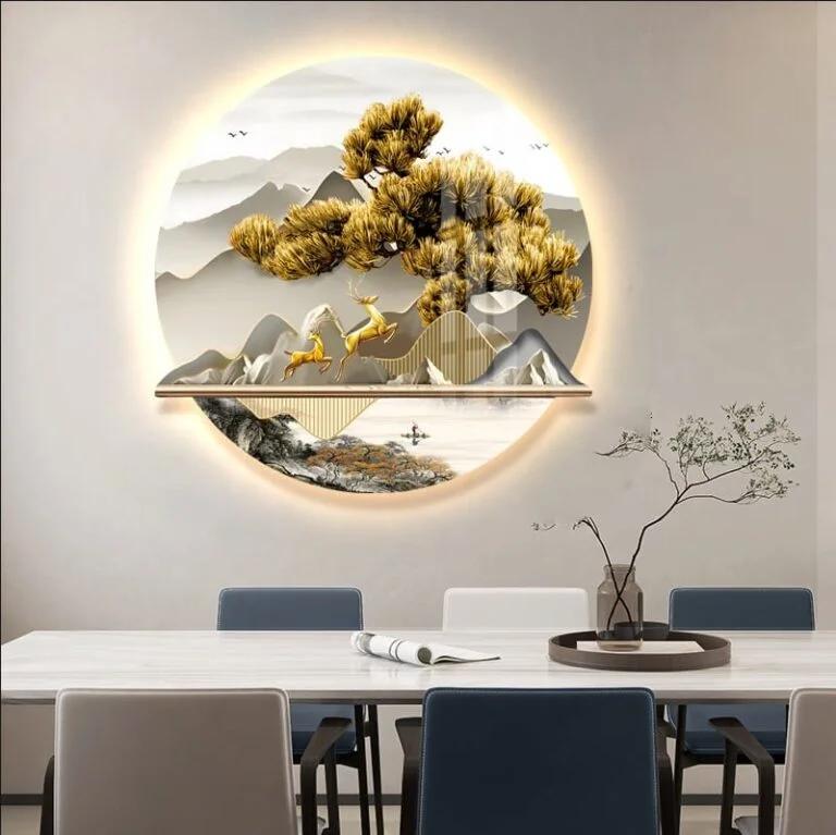 Modern illuminated wall art with nature scene and LED lighting in a dining room setting.