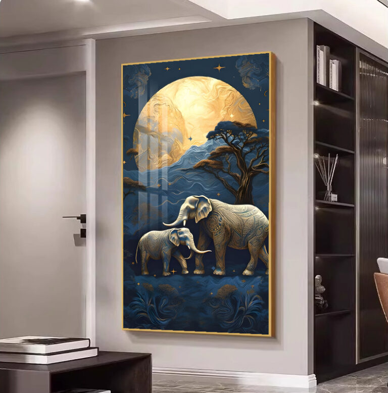 Luxury framed wall art with elephants and moon, modern home decor.