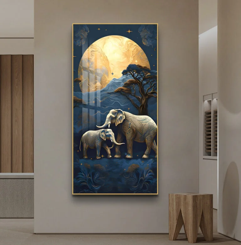 Luxury framed wall art with elephants and moon in modern home decor setting.