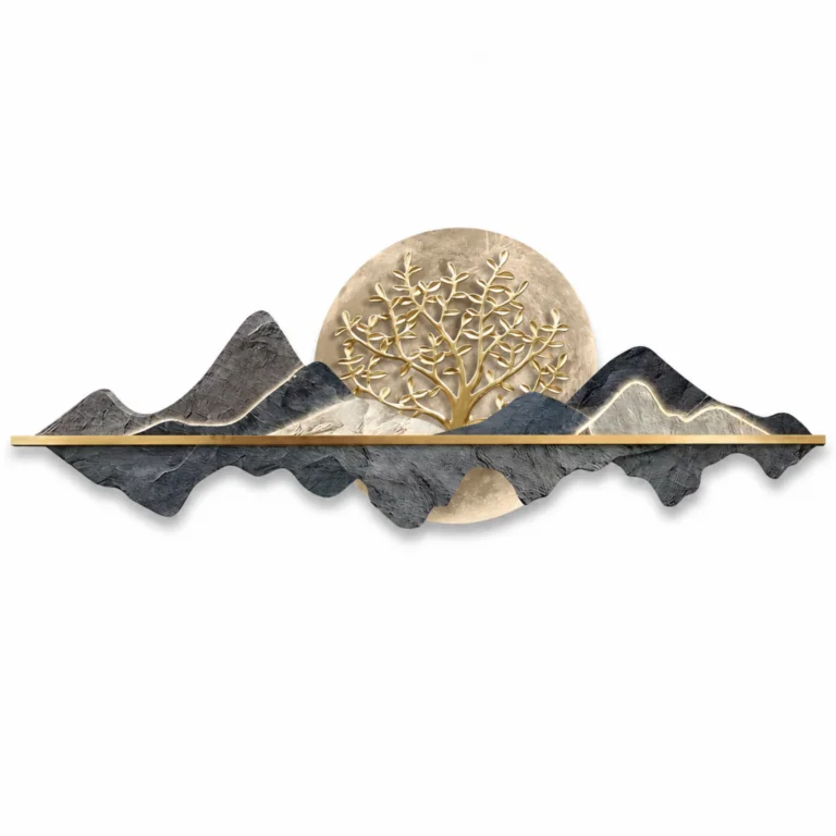 Modern wall art with mountain design and gold tree, perfect for luxury home decor.