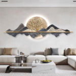 Modern luxury living room with illuminated mountain wall art and elegant decor.