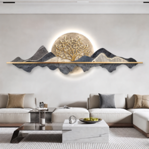 Modern luxury living room with illuminated mountain wall art and elegant decor.
