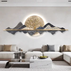 Modern luxury living room with illuminated mountain wall art and elegant decor.