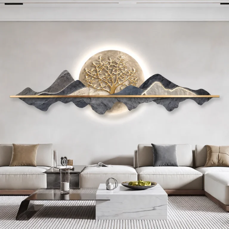 Modern luxury living room with illuminated mountain wall art and elegant decor.