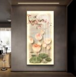 Illuminated floral wall art with lotus flowers and moon, modern luxury home decor.