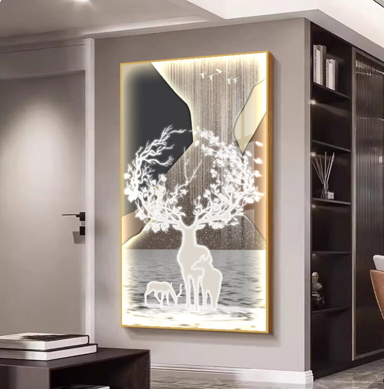 Modern illuminated wall art with deer and abstract design in a luxury home setting.