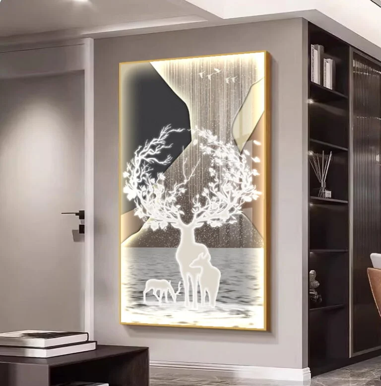 Modern illuminated wall art with deer and abstract design in a luxury home setting.