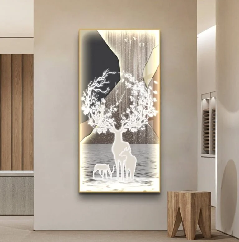 Illuminated wall art with deer and nature scene in a modern interior setting.