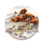 Modern circular wall art with nature scene and deer, featuring warm tones and intricate details.