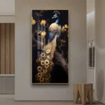 Luxury framed wall art featuring a peacock with golden feathers, perfect for modern home decor.
