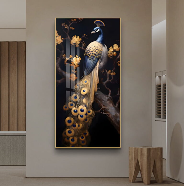 Luxury framed wall art featuring a peacock with golden feathers, perfect for modern home decor.